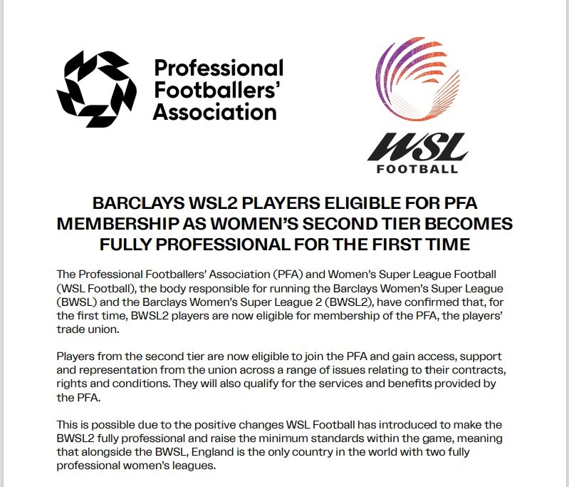 All players in <a href="/BarclaysWSL2/">Barclays WSL 2</a> are now eligible for membership to the Professional Footballers' Association as the second tier becomes fully professional for the first time.