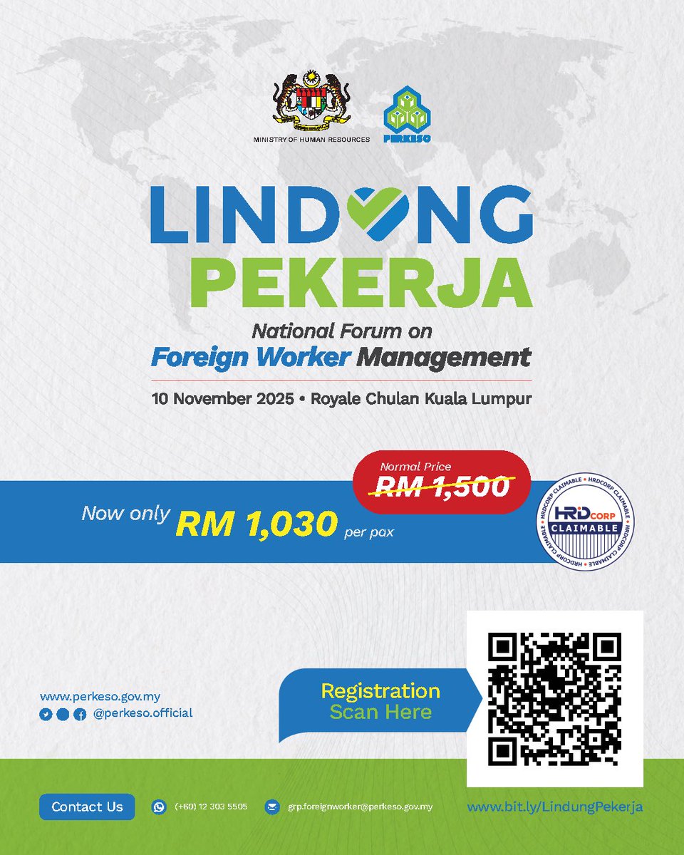 Calling all employers of foreign workers!

Get the latest updates, legal insights, and best practices, all under one roof at LINDUNG PEKERJA: National Forum on Foreign Worker Management.

📅 10 November 2025
📍 Royale Chulan Kuala Lumpur
🎓 E-Certificate provided for all