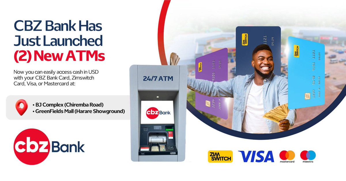 thestandardzim's tweet image. #SPONSORED 
Need easy access to your cash? CBZ Bank has added 2 NEW ATMs.
📍 BJ Complex (Chiremba Road)
📍 GreenFields Mall (Harare Showground)

Withdraw USD cash with your local ATM card, Zimswitch, Visa, or Mastercard — available 24/7!

 More access. 

#PartnersForSuccess