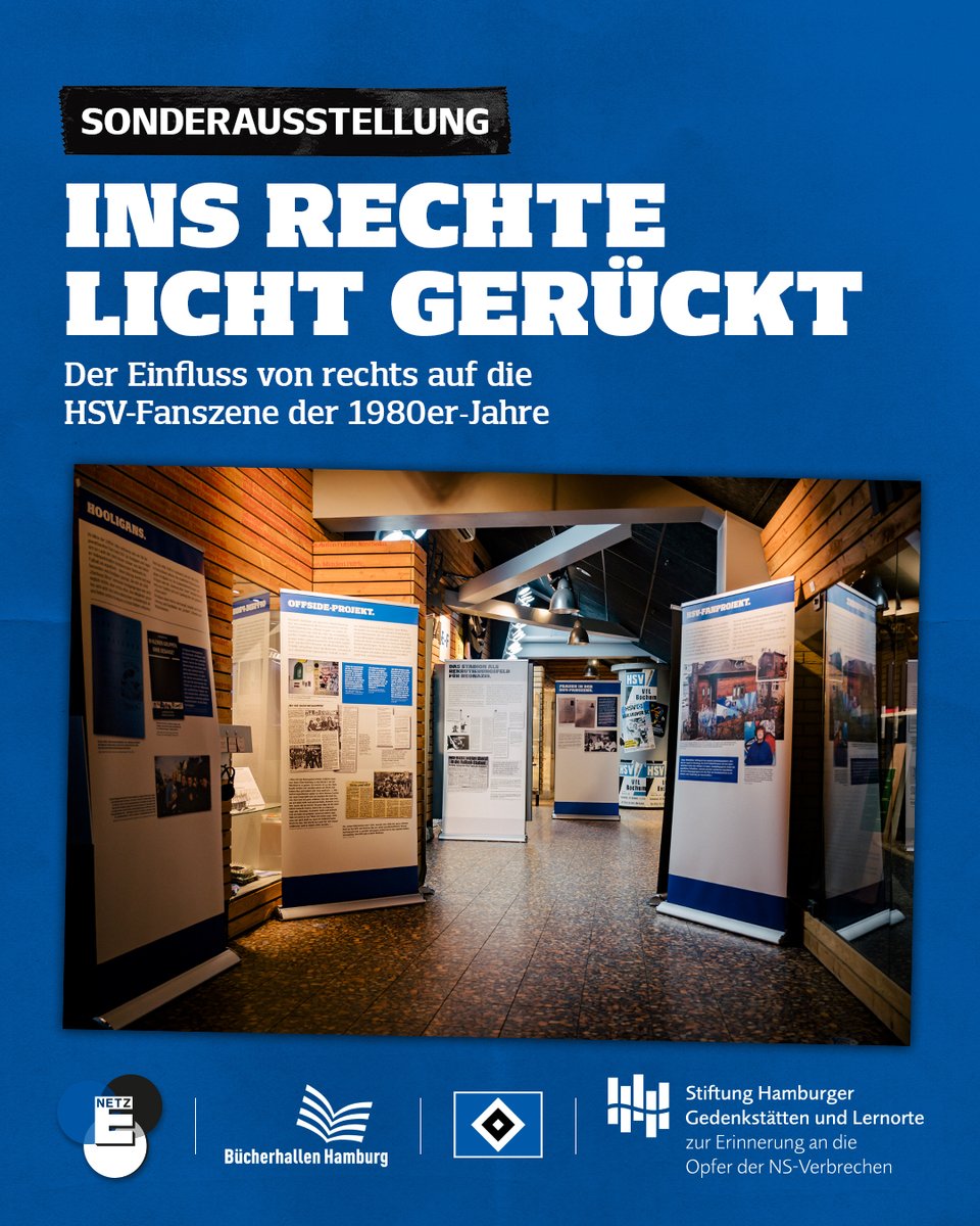 Vom 4. bis 27. November ist die Sonderausstellung „Ins rechte Licht gerückt – der Einfluss von rechts auf die HSV-Fanszene der 1980er-Jahre“ in der Zentralbibliothek am Hühnerposten zu sehen und beleuchtet den Einfluss rechter Strömungen auf die HSV-Fanszene der 1980er-Jahre.

Am