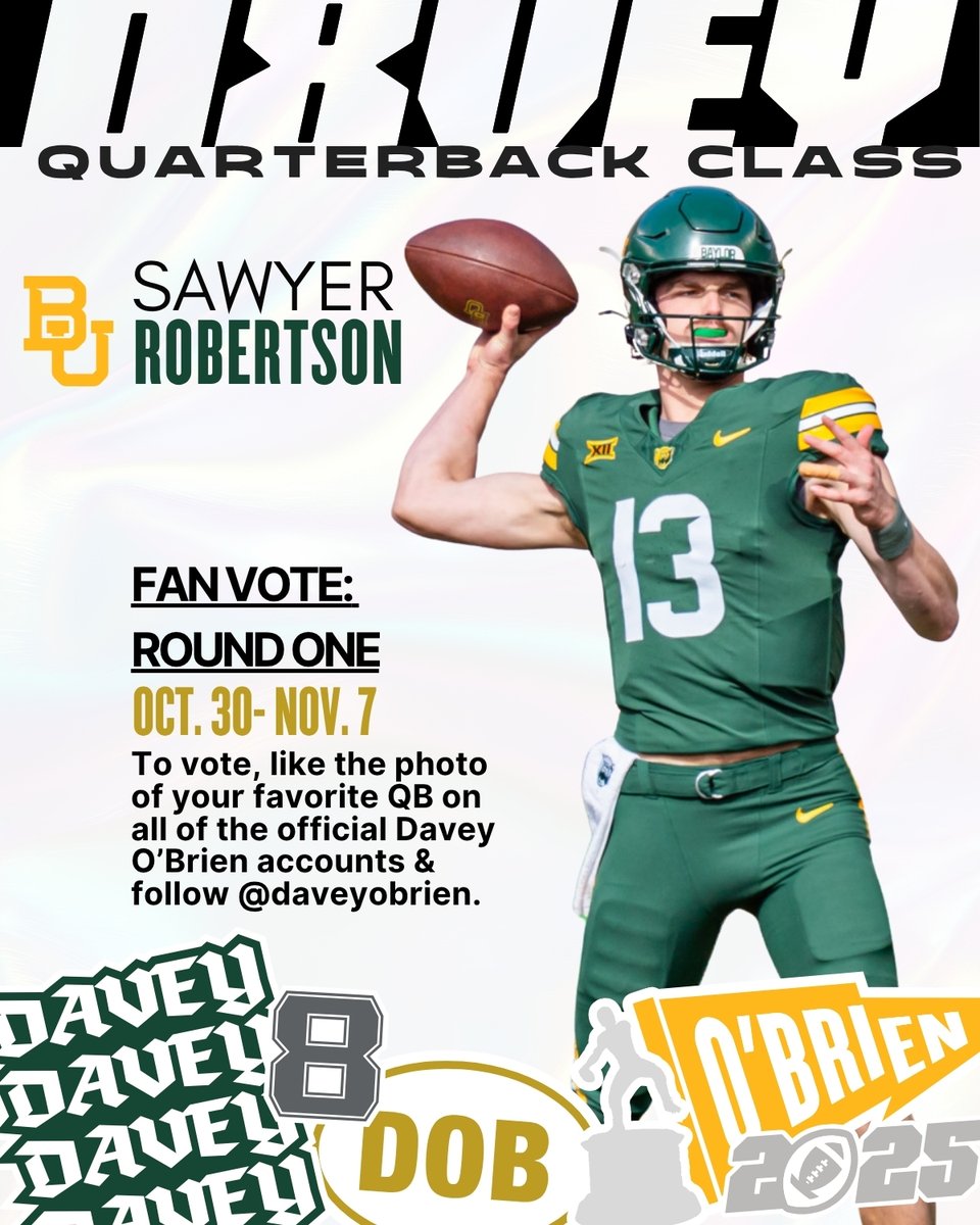 daveyobrien's tweet photo. Time to get in the game and VOTE! #SicEm - like your QB’s photo on @daveyobrien official accounts on Twitter, Instagram and Facebook. The QBs leading the fan vote will receive bonus Selection Committee votes as we get closer to deciding our National Quarterback of the Year! #DaveyQBs #Big12FB

@BUFootball @BaylorAthletics @Big12Conference