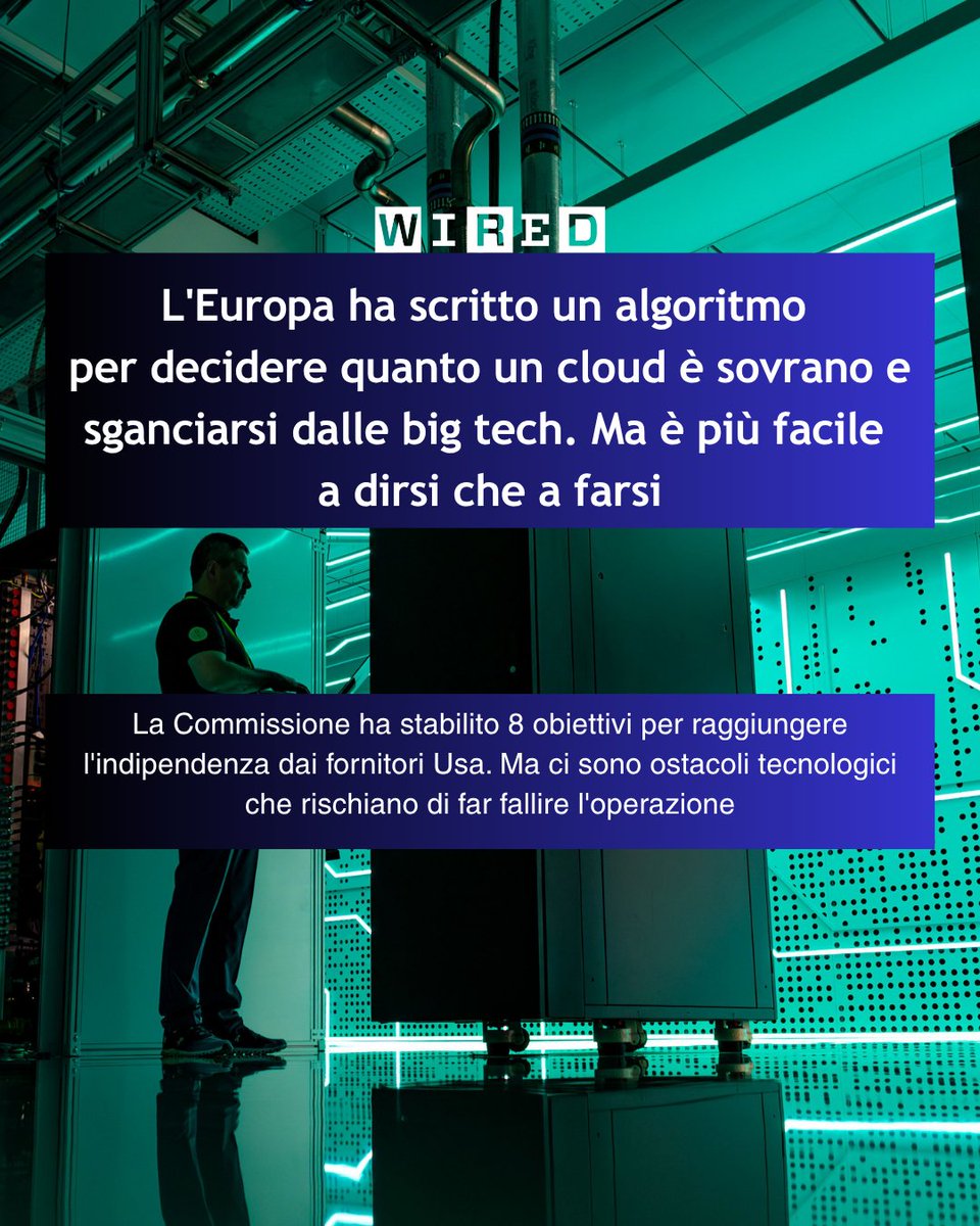 L'Europa ha scritto un algoritmo per decidere quanto un cloud è sovrano e sganciarsi dalle big tech. Ma è più facile a dirsi che a farsi. L'Ue fissa 8 obiettivi per raggiungere l'indipendenza. Ma ci sono ostacoli tecnologici. Su <a href="/wireditalia/">Wired Italia</a> wired.it/article/cloud-…