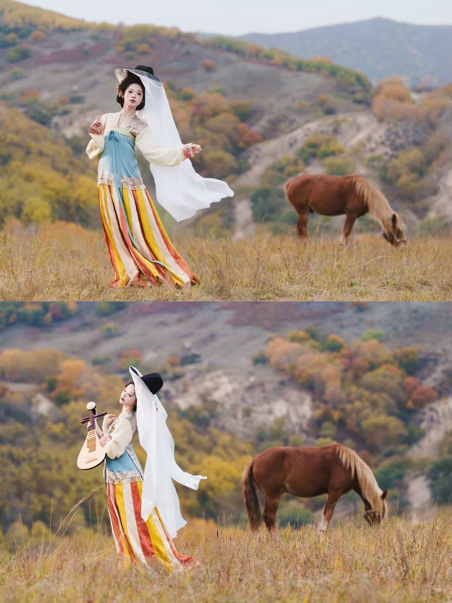 In the fall wilderness of Chifeng, Inner Mongolia, a woman in Tang Dynasty style #Hanfu paired with a drooping-collar shirt, open-front #outerwear &amp; striped chest-high skirt, stands byed by autumn-kissed #forests.
#chifengautumnscenery（via：Hei Junma）