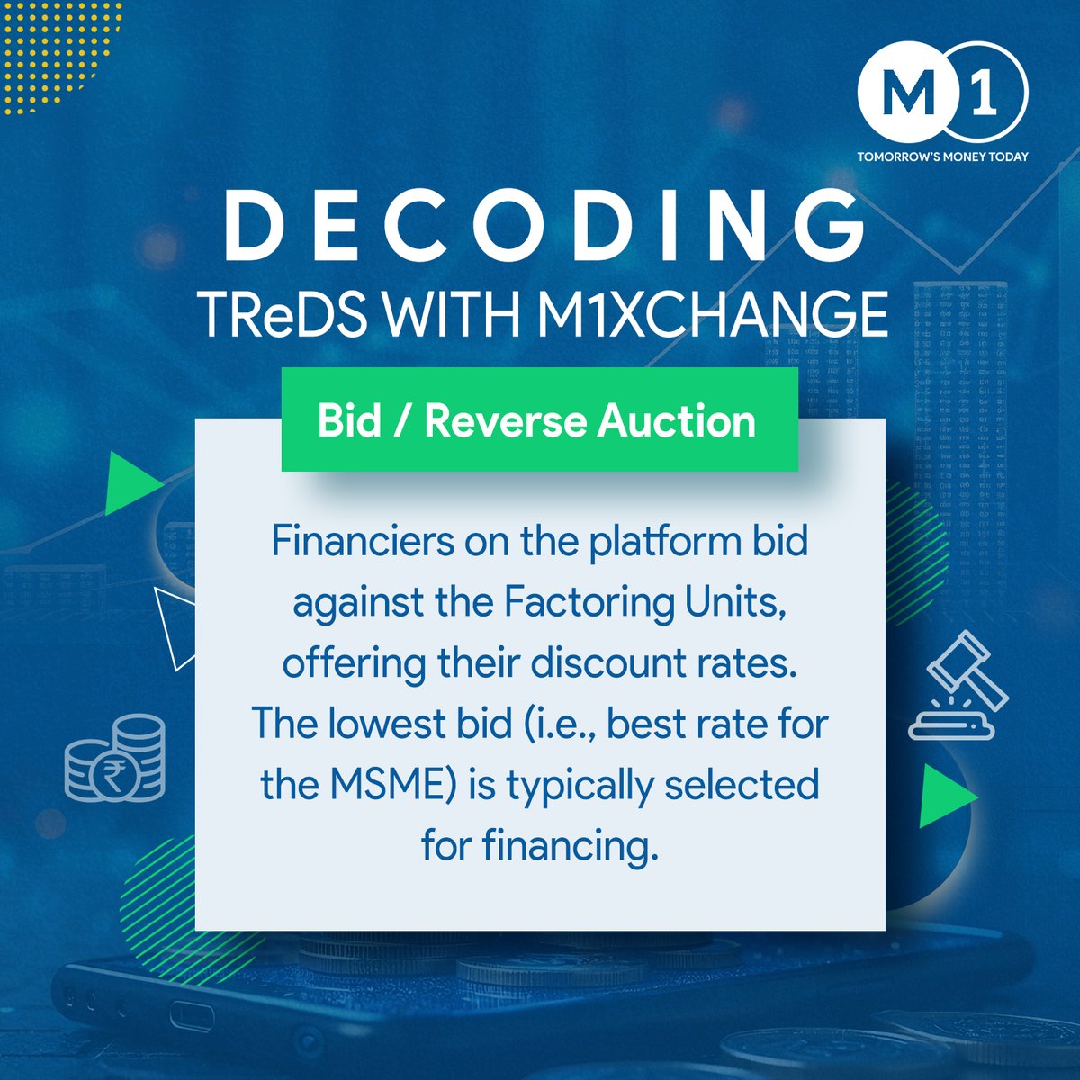 M1xchange's tweet image. Every invoice has a story, and on #TReDS, every bid shapes it.
Multiple financiers compete in real time, giving #MSMEs faster access to working capital at the best rates.
That’s how #M1xchange turns bids into business growth. 💼⚡️
#Fintech #WorkingCapital #DigitalFinance #Invoice