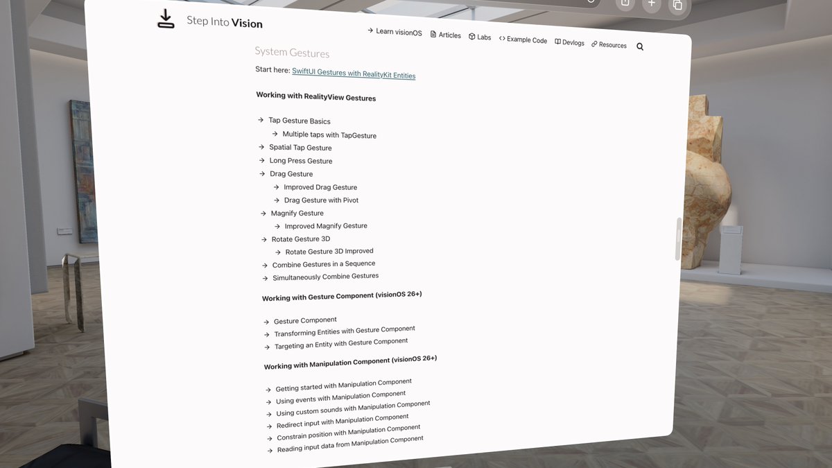 vrhermit's tweet image. We have more than 20 example code articles covering SwiftUi Gestures, Gesture Component, and Manipulation Component. Check out the whole series here.
#visionOS #SwiftUI #RealityKit
stepinto.vision/learn-visionos…