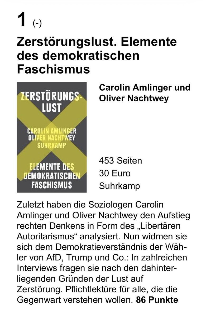 #DLFKultur, <a href="/ZDF/">ZDF</a> &amp; <a href="/zeitonline/">DIE ZEIT</a> haben „Die besten Sachbücher im November 2025“ zusammengetragen.

Platz 1: „Zerstörungslust“ (<a href="/suhrkamp/">Suhrkamp Verlag</a>)
Gratulation an Carolin Amlinger &amp; Oliver Nachtwey. 👏

Tipp: Buchpremiere am 05.11. bei uns. <a href="/nouvelle_wagnis/">Ann-Kristin Tlusty</a> moderiert.
uraniaberlin.reservix.de/p/reservix/eve…