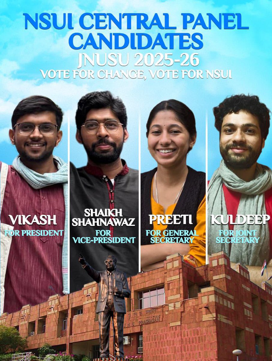 Presenting the official NSUI central panel candidates for JNUSU 2025-26! 🌟 Your vote matters—support Vikash, Shaikh Shahnawaz, Preeti, and Kuldeep for positive change at JNU. Vote for NSUI, vote for a better tomorrow! 🗳️ #JNUSU #NSUI #VoteForChange