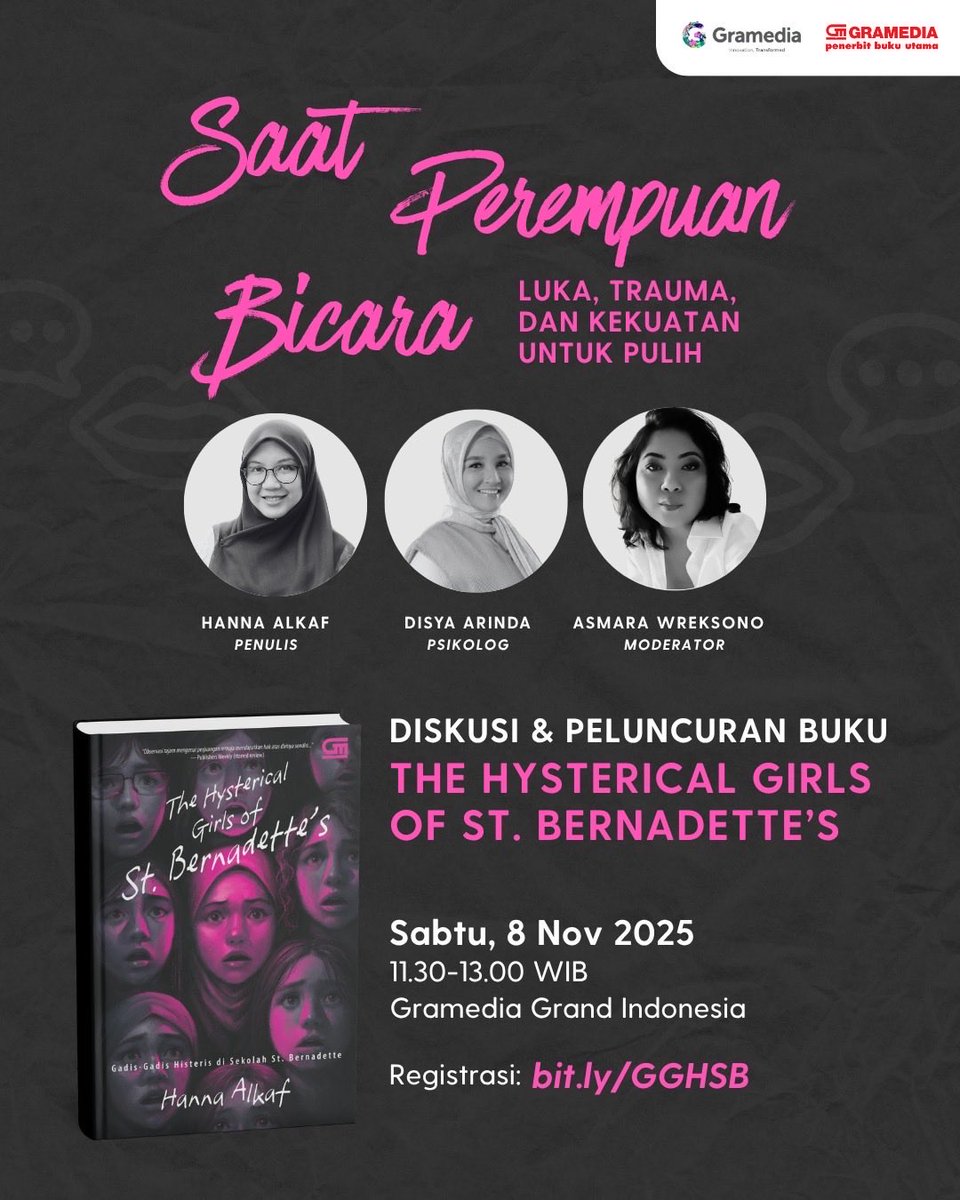 hannaalkaf's tweet image. JAKARTA! Feast your eyes on the STUNNING cover of the Indonesian edition of THE HYSTERICAL GIRLS OF ST BERNADETTE’s (published by @bukugpu, translated by Poppy D Chusfani and cover illustration by Olvyanda Ariesta) and then COME JOIN ME FOR THE LAUNCH EVENT ON NOVEMBER 8TH!!
