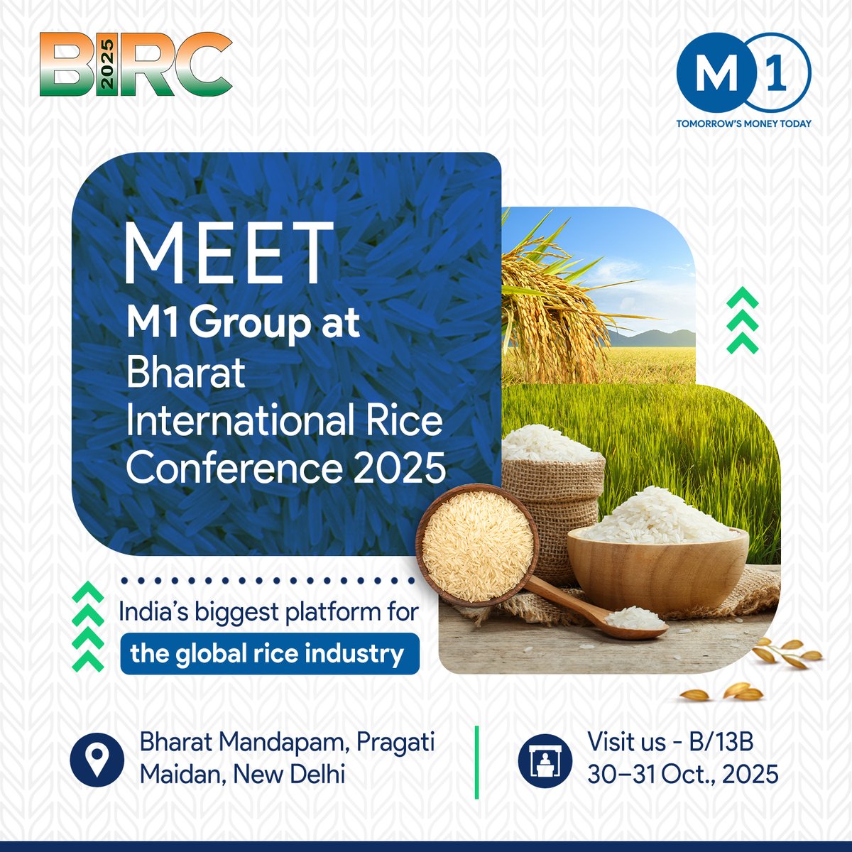 M1xchange's tweet image. Connect with #M1xchange at #BIRC2025, organised by IREF &amp;amp; APEDA to strengthen India’s global rice trade 🌾
Explore RBI-licensed #digitalsupplychain finance that empowers agri exporters, processors &amp;amp; corporates with faster working capital.
📍Bharat Mandapam, Pragati Maidan, Delhi