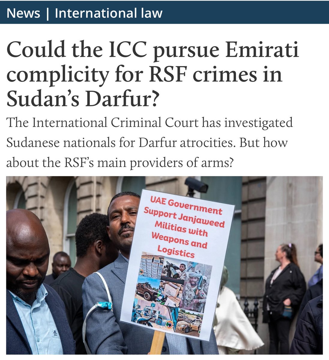 1/ With mounting evidence of atrocities by RSF in el-Fasher, I asked two top legal scholars whether the ICC could investigate UAE officials or citizens for supporting the paramilitary in Sudan’s Darfur🧵