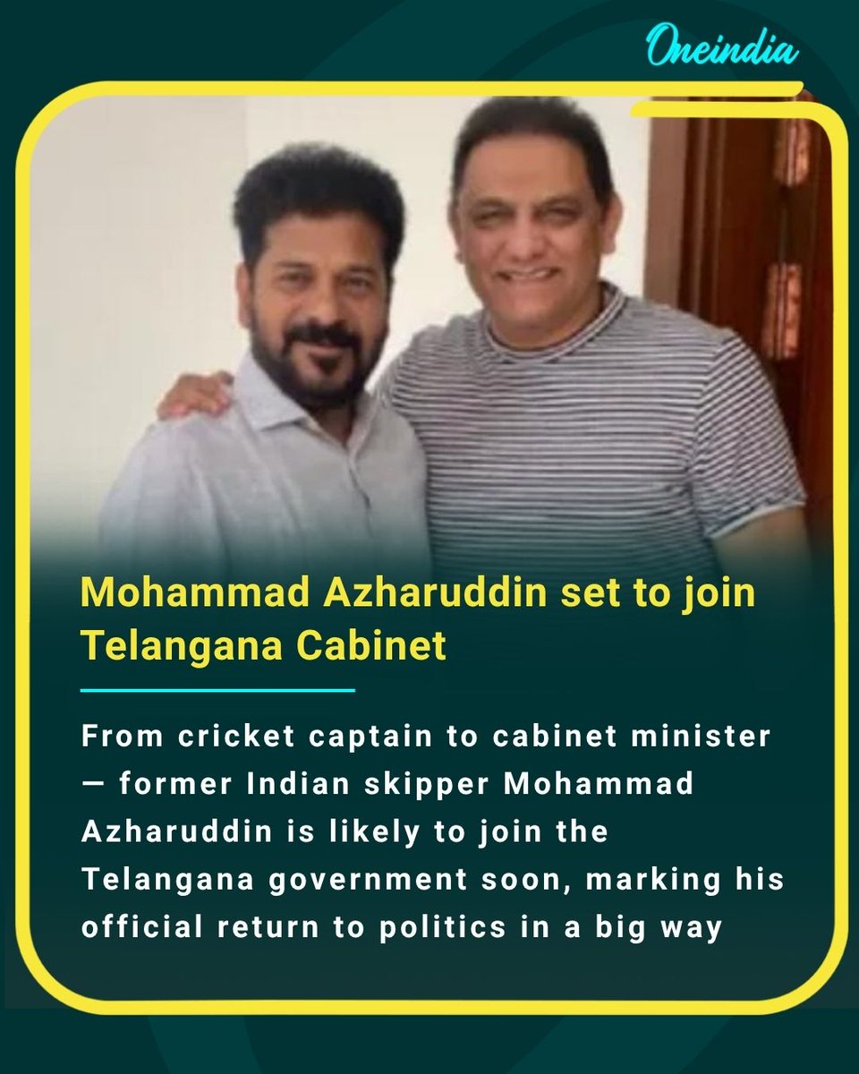 Oneindia's tweet image. From cricket captain to cabinet minister — former Indian skipper Mohammad Azharuddin is likely to join the Telangana government soon, marking his official return to politics in a big way.

#MohammadAzharuddin #Telangana #IndianCricket #Politics #Azharuddin #PoliticalUpdate #OI