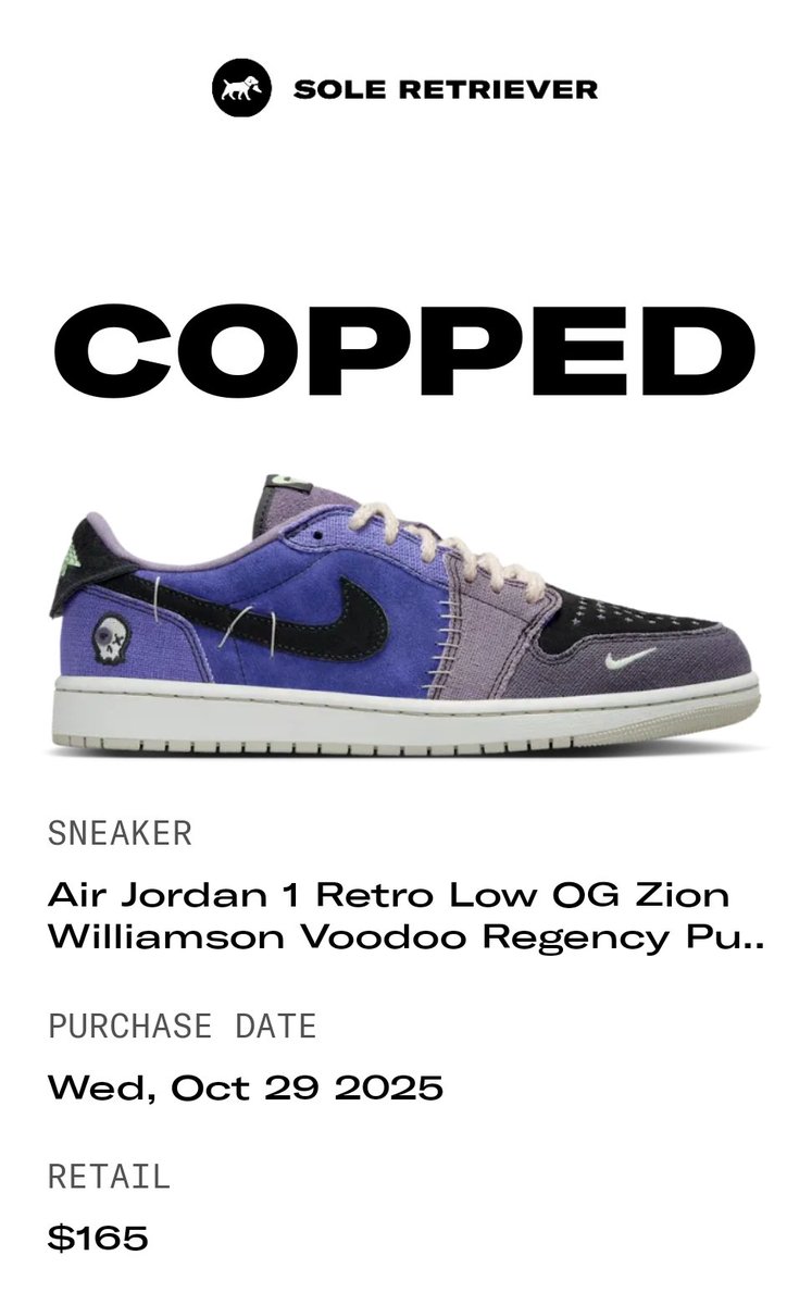 SethAltman9's tweet photo. I just copped the Air Jordan 1 Retro Low OG Zion Williamson Voodoo Regency Purple with @SoleRetriever
https://t.co/RvtL5pKH5x https://t.co/pDmMgp2ktg