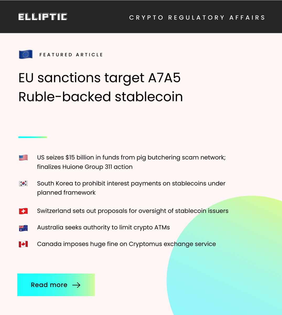 📈 Crypto regulatory action continues to strengthen worldwide. The EU has  sanctioned the A7A5 ruble-backed stablecoin, prohibiting all transactions  with it. The action targets exchanges and issuers linked to Russian  sanctions evasion.