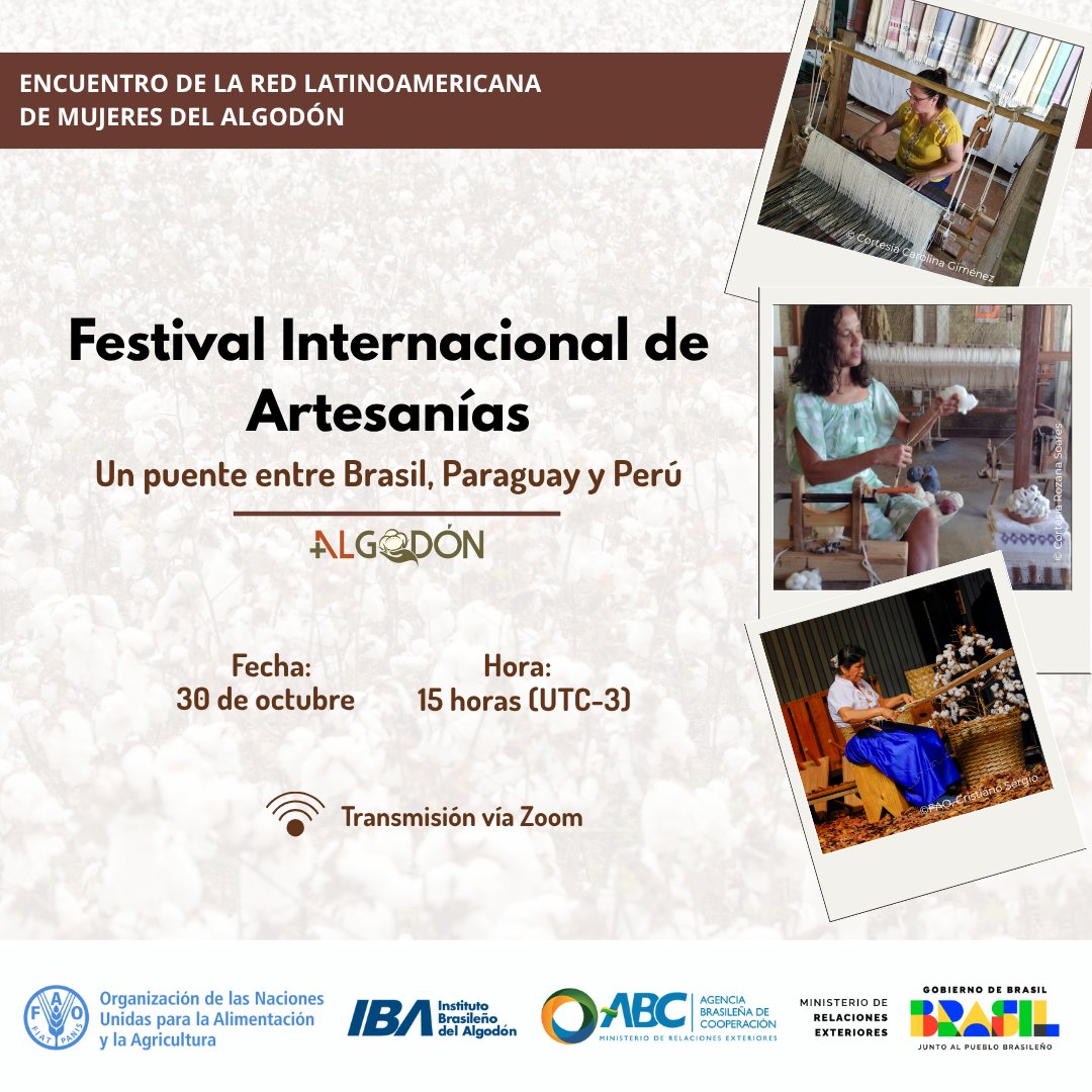 ¡Te esperamos hoy!

🧶 “Festival Internacional de Artesanías: Un puente entre Brasil, Paraguay y Perú, promovido por la Red Latinoamericana de Mujeres del Algodón y el proyecto +Algodón.

📅30/10
🕐 13h 🇨🇴🇪🇨🇵🇪 | 14h 🇧🇴 | 15h 🇧🇷🇦🇷🇵🇾🇨🇱
🔗 bit.ly/4o6qCyj📣