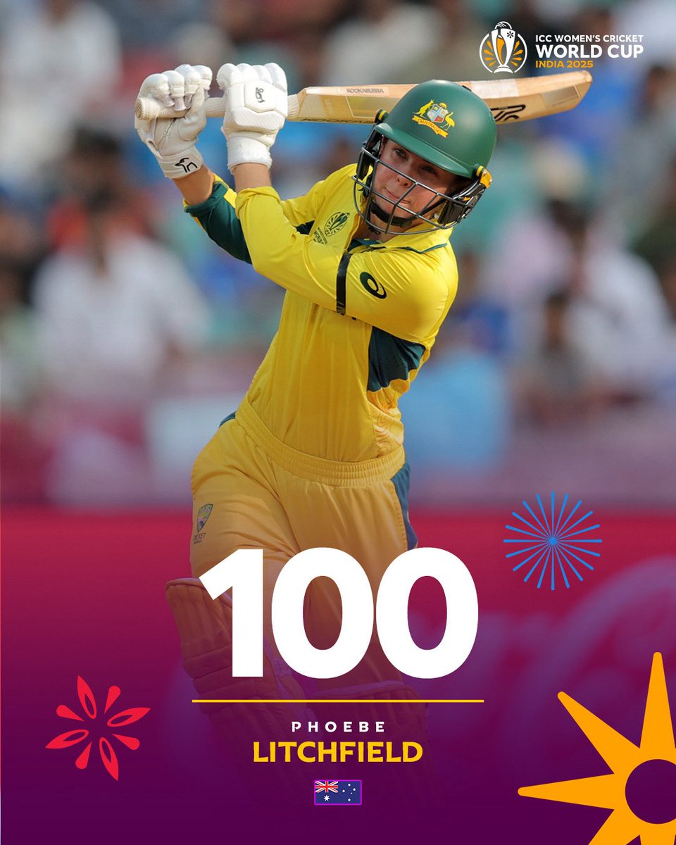 Phoebe Litchfield brings up her third ODI ton in the #CWC25 semi-final against India 👏

Watch #INDvAUS LIVE in your region, broadcast details here ➡️ bit.ly/46IKZtI
