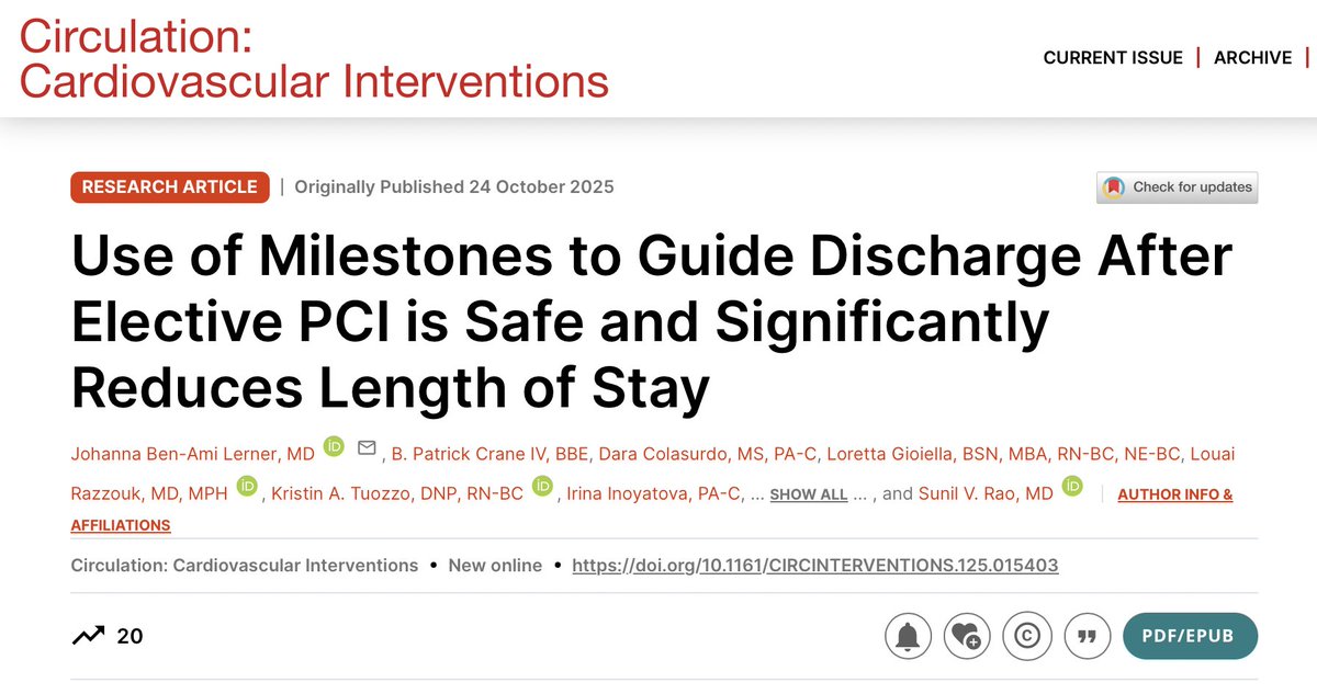 Now published! Milestone-based post-PCI discharge pathway reduces LOS without increased adverse events.

Led by star <a href="/nyulangone/">NYU Langone Health</a> CV fellow Dr. Johanna Lerner

Same obs period for all PCI pts is a thing of the past

ahajournals.org/doi/full/10.11…