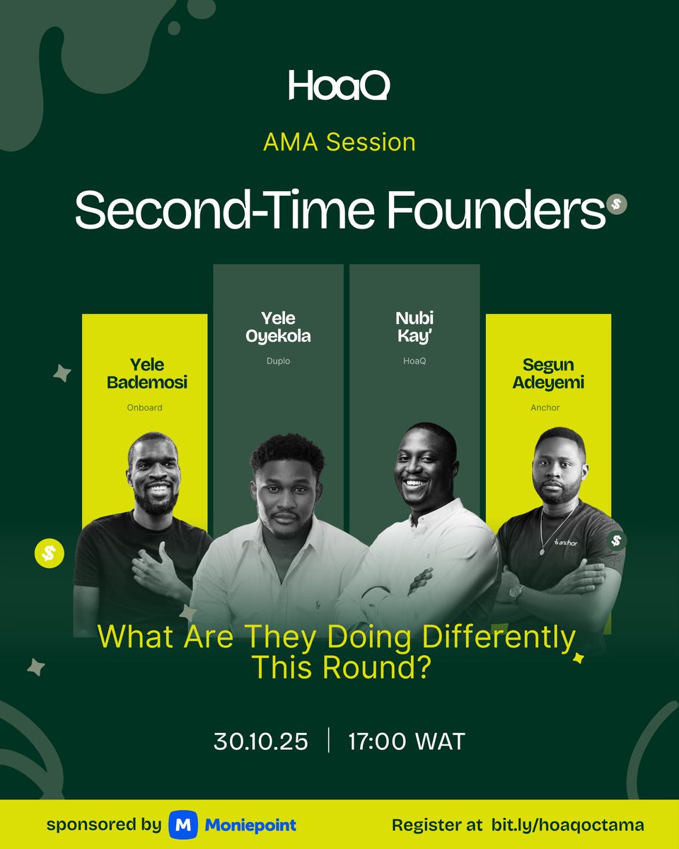 Did you know our speakers have collectively built &amp; scaled products used by millions, from <a href="/Nestcoin/">Nestcoin 🤍</a> to <a href="/tryduplo/">Duplo</a>, <a href="/buildwithanchor/">Anchor (YC S22)</a>, and Bundle Africa?

Join us today at 5 PM WAT for an insightful session with <a href="/YeleBademosi/">Yele | Onboard 🌐</a>, <a href="/segunhq/">Segun Adeyemi</a>, and Yele Oyekola, moderated by @nubikay.

1/2