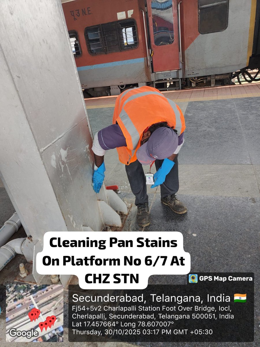 srdenhmsc's tweet photo. Regular cleaning operations are being carried out at Cherlapalli Station, ensuring hygiene and safety for passengers.  
#SpecialCampaign5_0 https://t.co/oSICQY4qFL