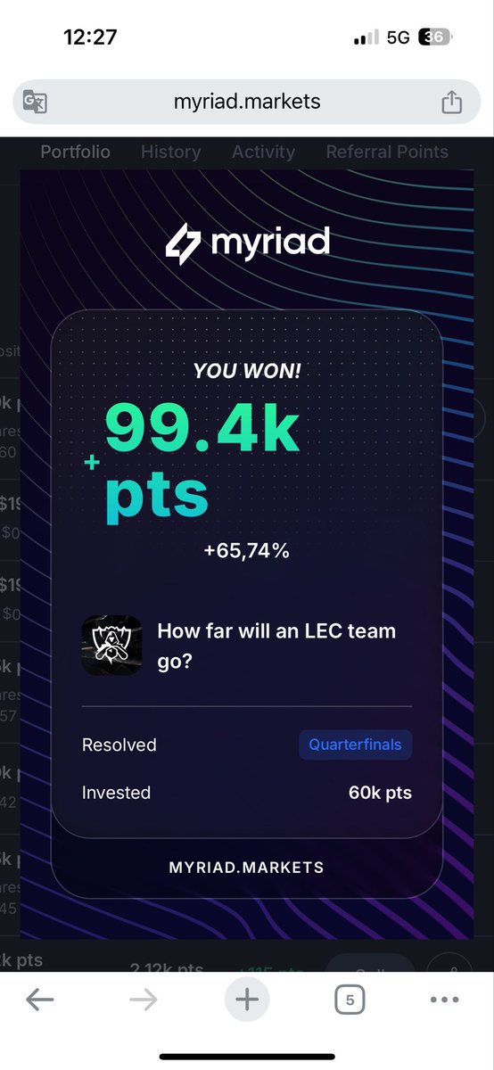 500$ multiplier + great win, that’s a good start. <a href="/MyriadMarkets/">MYRIAD</a> 

Booommmm! My “How far will an LEC team go?” prediction just turned into a 99.4k pts (+65,74%) windfall! 🚀