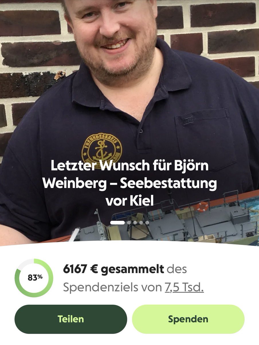 Noch 30 Tage lang kann für die Seebestattung von <a href="/AhlenBjoern/">Björn Weinberg</a> gespendet werden. 

Es ist schon ein unglaublicher Beitrag zusammengekommen, der zeigt, wie geachtet und anerkannt Björn war. 🎗️ 🕯️ 

Hier zur Aktion: gofundme.com/f/letzter-wuns… <a href="/SvenReh/">der Taucher</a> #Marine