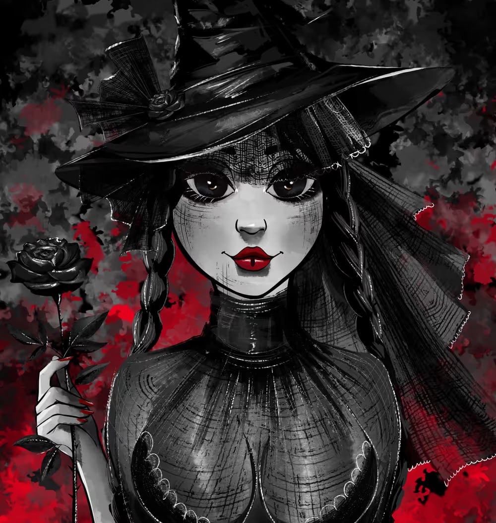 Good morning, everyone ❤️🖤❤️🖤❤️ Another day with this palette, I hope it will pass me by soon 🤣 My little witch gives you love and a rose opensea.io/item/polygon/0…