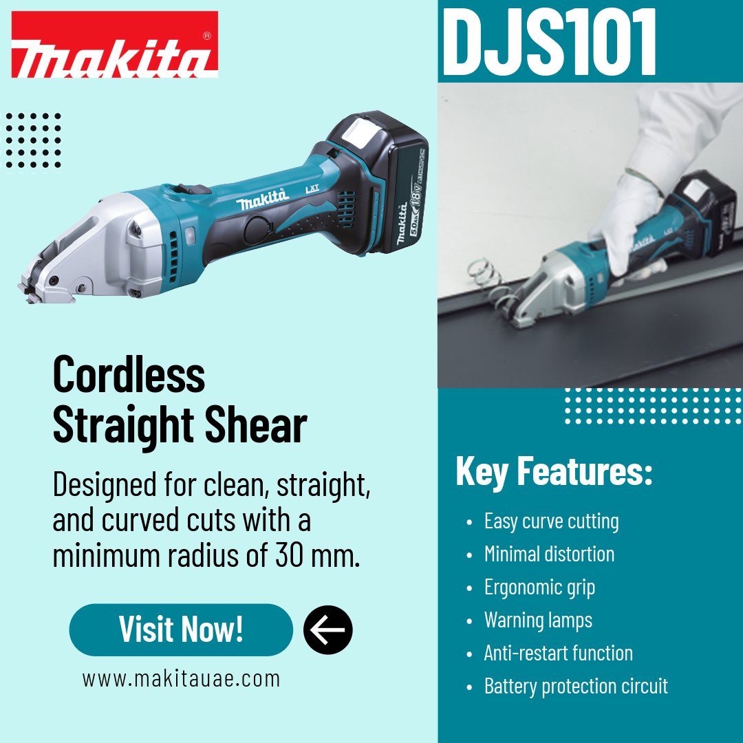 MakitaUAE's tweet image. 𝗠𝗮𝗸𝗶𝘁𝗮 𝗗𝗝𝗦𝟭𝟬𝟭𝗥𝗧𝗝 𝗠𝗲𝘁𝗮𝗹 𝗦𝗵𝗲𝗮𝗿 - 𝟭𝟴𝗩 𝗟𝗫𝗧 𝗽𝗼𝘄𝗲𝗿𝗵𝗼𝘂𝘀𝗲!
Cuts steel 1mm, aluminum 2.5mm, with 4,300 strokes/min &amp;amp; tight curve capability.
Lightweight &amp;amp; safety packed.

#MakitaUAE #CordlessMetalShear #LXT #PowerTools