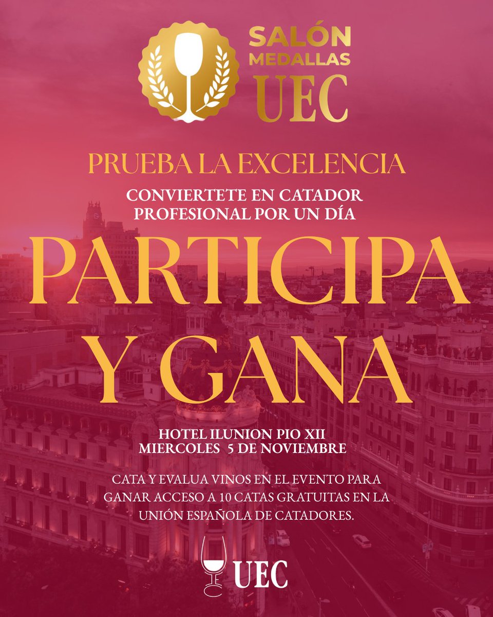 UECatadores's tweet photo. 🍷 Conviértete en catador profesional por un día

Vive la experiencia del #SalónMedallasUEC 
Evalúa los vinos premiados para entrar en el sorteo de 10 catas gratuitas valoradas en 40 €.
🔗 Bases legales en bio
Apúntate👉https://t.co/y302MwOV4k https://t.co/stFY58dupt