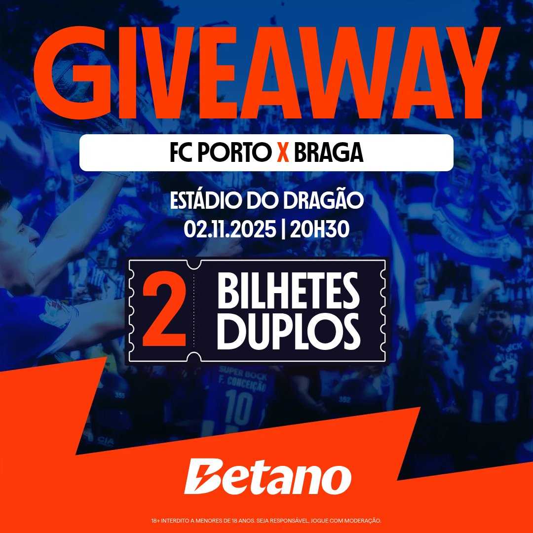 🚨 𝗚𝗜𝗩𝗘𝗔𝗪𝗔𝗬! 🚨

Em conjunto com a <a href="/Betano_PT/">Betano Portugal 🔞</a>, estamos a sortear 𝟮 𝘽𝙞𝙡𝙝𝙚𝙩𝙚𝙨 𝘿𝙪𝙥𝙡𝙤𝙨 para o #FCPorto 🆚️ SC Braga! 🤩💙

Requisitos:
1️⃣ Seguir a <a href="/Betano_PT/">Betano Portugal 🔞</a> e a <a href="/DragaoNews1893/">Dragão News 🇸🇻</a>
2️⃣ Retweet
3️⃣ Identificar um amigo

⚠️ AVISO: Os vencedores serão anunciados no