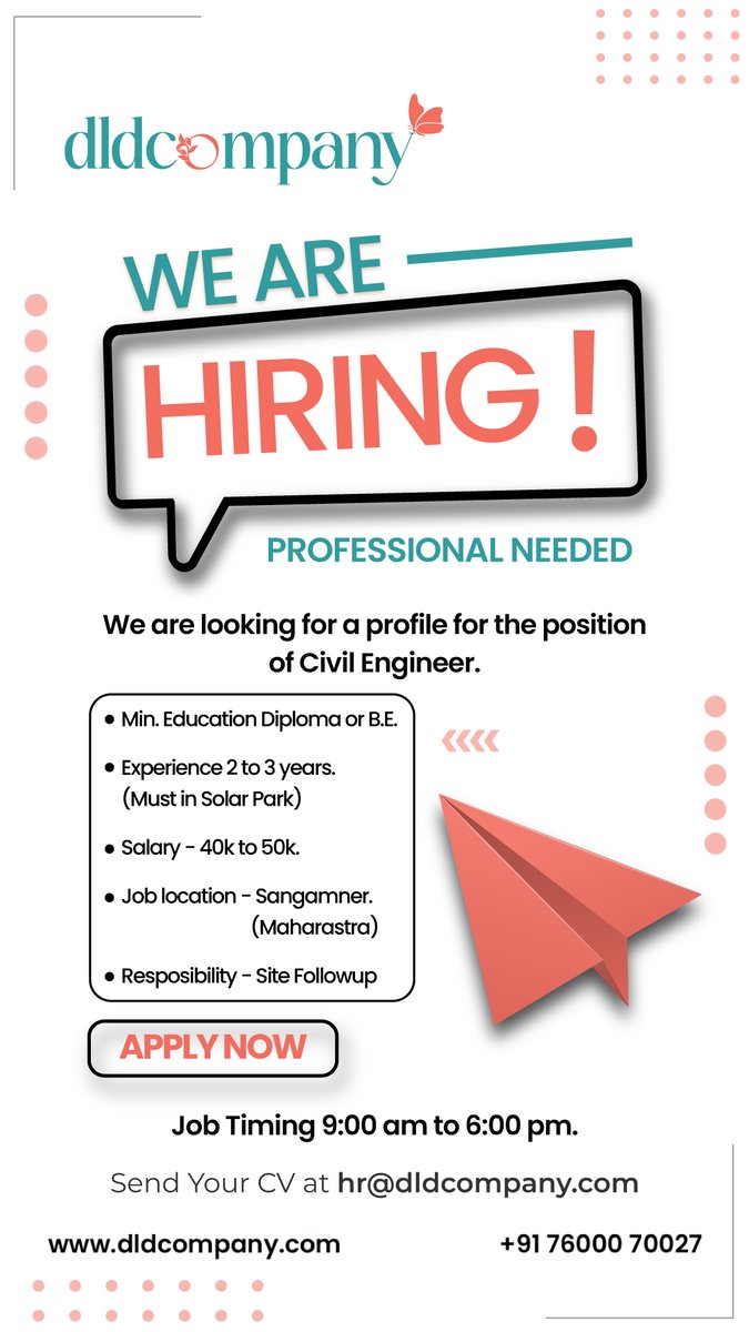 dldcompany1's tweet photo. We’re expanding our solar projects and need passionate engineers!
Join us as a Civil Engineer in Sangamner (Maharashtra).
#hiring #joinnow #civilengineer #HiringNow #recruitment #applynow #joboffer #sendyourcv https://t.co/OzAwoD4Co1