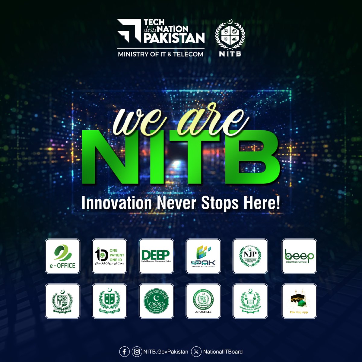 NationalITBoard's tweet image. NITB – Technology Backbone of Pakistan
At #NITB, we’re powering Pakistan’s digital future through #SmartGovernance, citizen-first solutions, and cutting-edge #technology. 
From #eOffice to national digital platforms, NITB continues to lead the way toward a truly #DigitalPakistan.