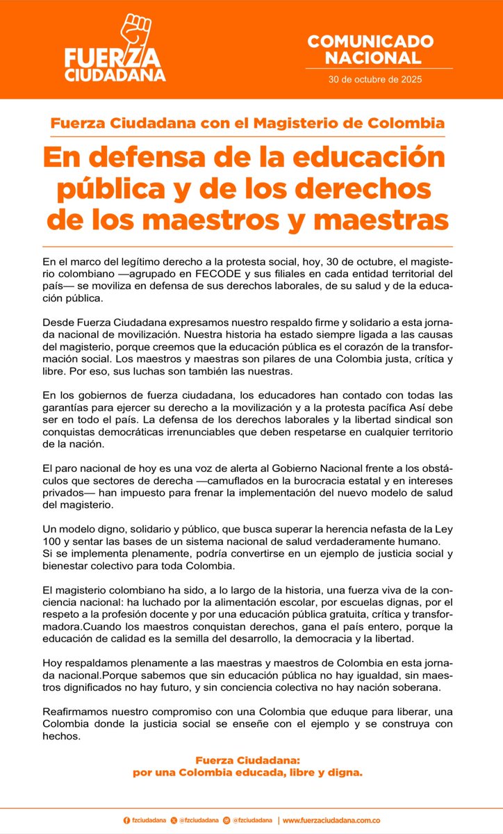 Desde Fuerza Ciudadana expresamos nuestro respaldo firme y solidario a esta jornada nacional de movilización. Nuestra historia ha estado siempre ligada a las causas del magisterio, porque creemos que la educación pública es el corazón de la transformación social.