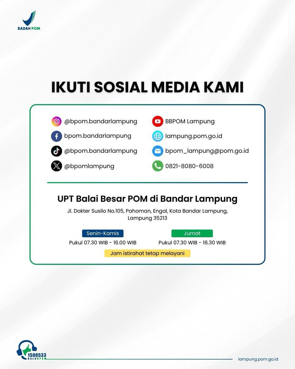 bpomlampung's tweet image. Untuk informasi lebih lanjut, silakan DM minPOM atau Hubungi Kami di Layanan CMB 0821-8080-6008 😊🙏

#bpom #PNBP #pengujian