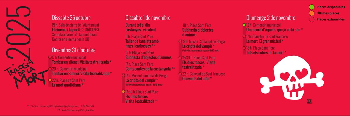 ℹ️ Últimes places disponibles per a les visites guiades de la ‘Trilogia de la mort’.

✒ Les places per a les visites guiades són limitades i cal inscriure’s a l’Oficina de Turisme de Berga.

☎️ 93 821 13 84
📧 aj022.ofturisme@ajberga.cat