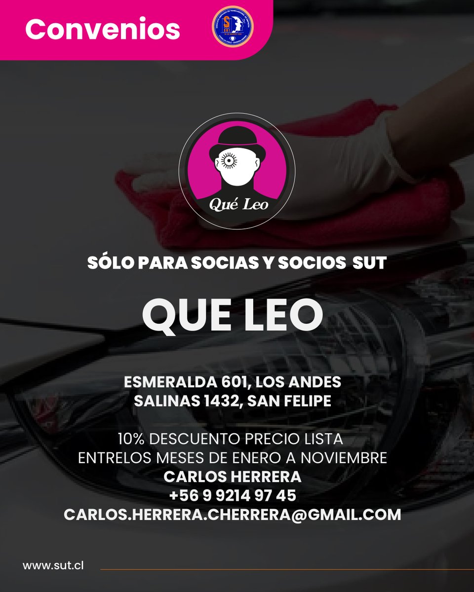 📷 Convenios exclusivos socios y socias SUT

📷Libreria QUE LEO

📷Esmeralda 601, Los Andes
📷Salinas 1432, San Felipe

10% DESCUENTO PRECIO LISTA ENTRELOS MESES DE ENERO A NOVIEMBRE

📷Carlos Herrera
📷+56 9 9214 97 45
📷 carlos.herrera.cherrera@gmail.com