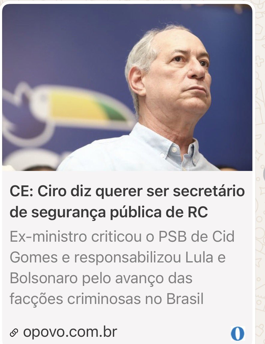 donizetearruda7's tweet image. 💣💣💣ELEIÇÕES 2026! CIRO GOMES DESISTE DE SER CANDIDATO A GOVERNADOR DO CEARÁ.
Em entrevista publicada hoje no jornal OPOVO, Ciro revela querer ser secretário de Segurança Pública, de um eventual governo Roberto Cláudio. Assim, o candidato das oposições seria Roberto Cláudio.