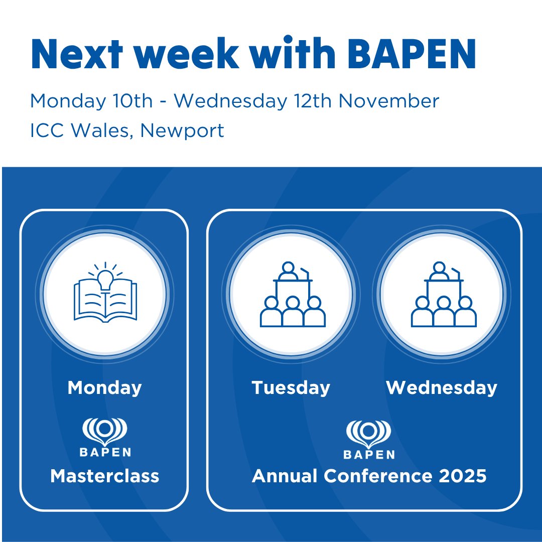 This week marks an exciting milestone for BAPEN as we shortly head to Newport, Wales for three-full days of learning, networking and presentations.
 
We're kicking off tomorrow with the BAPEN Masterclass, before heading straight into BAPEN Annual Conference! #BAPEN2025