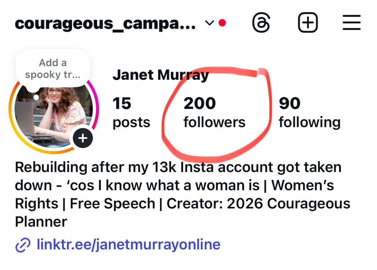 Last month, my Instagram account - 13k followers built over 8+ years - was taken down.

I believe it happened because I publicly defended women’s sex-based rights.

I started a new account exactly two weeks ago. This morning: 200 followers.

At that rate (and growth usually slows
