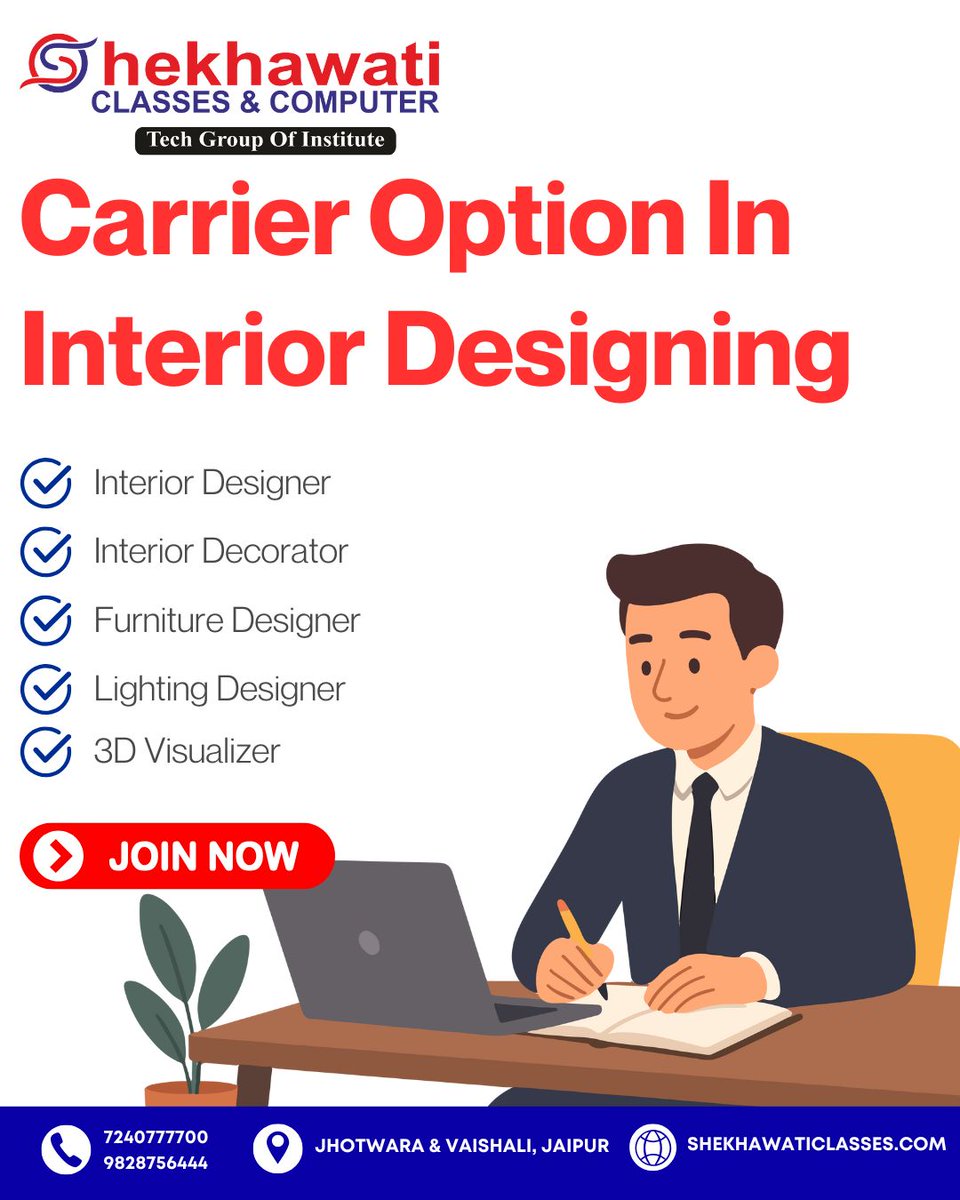 shekhaw29839's tweet image. Build your creative future with the best Interior Designing Course in Jaipur 
Learn from experts &amp;amp; explore careers as an Interior Designer, Decorator, Furniture Designer, Lighting Designer, or 3D Visualizer  #shekhawaticlasses #Jaipur #InteriorDesign #viral #Trending #TrendingNow