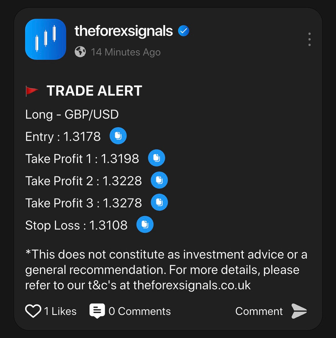 #Free Trade of the day: Long - GBP/USD

Now offering free signals and 100% access to the App when you sign up. Limited time only. 

Download via : theforexsignals.co.uk

#forex #freesignals #forexeducation #forexsignalservice #forexcourse #forexsignaltrading #trading