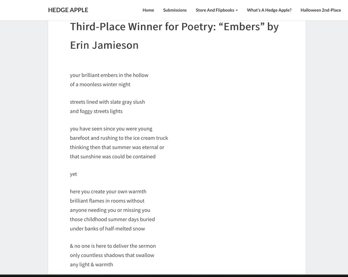 erin_simmer's tweet image. 3rd place in Hedge Apple&apos;s  #writingcontest. Have so much fun writing with inspired themes.  #WritingCommunity #poetrycommunity #poetry