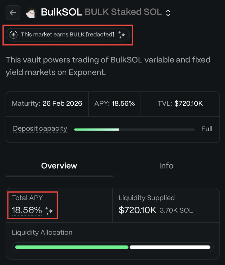FabianoSolana's tweet photo. The next play is too easy

You can already farm the next big Solana Perps DEX — just by holding an LST with 18%+ APY

> Get BulkSOL LST on Jupiter
> Deposit it into the BulkSOL liquidity market on Exponent
> Earn redacted (future $BULK points) +~18% APY

+ you're farming Exponent https://t.co/V7b0IHYGoX