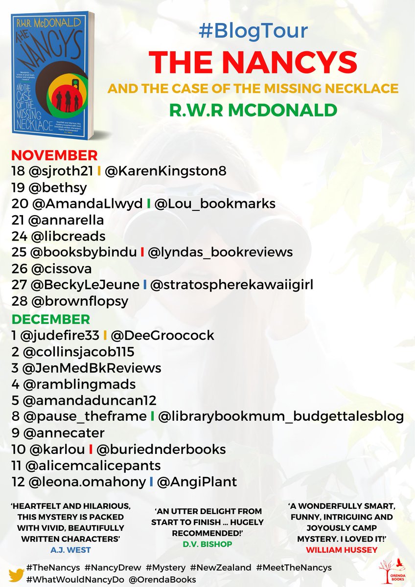 Do not miss this <a href="/OrendaBooks/">Karen Sullivan 🇺🇦🇨🇦🇬🇧</a> Blog Tour for #TheNancys by #RWRMcDonald - begins 18 November 

<a href="/sjroth21/">Stephanie Rothwell</a> 
<a href="/KarenKingston8/">KarenKisreading 📚🐾</a> 
<a href="/bethsy/">Mary the Book fairy 🏴󠁧󠁢󠁳󠁣󠁴󠁿</a> 
<a href="/AmandaLlwyd/">Amanda Llwyd</a> 
<a href="/Lou_Bookmarks/">Bookmarks and Stages</a> 
<a href="/Annarella/">Annarella</a> 
<a href="/ElizabethCurrie/">Libcreads</a> 
<a href="/booksbybindu/">booksbybindu</a> 
<a href="/LyndaCheckley/">Lynda’s Book Reviews and News</a> 
<a href="/cissova/">Monika Armet 🇵🇱🇺🇦🏴󠁧󠁢󠁳󠁣󠁴󠁿</a> 
<a href="/BeckyLeJeune/">Becky LeJeune</a> 
<a href="/brownflopsy/">Sue at Brown Flopsy's Book Burrow 🐇📖</a> 
<a href="/DeeGroocock/">Dee Groocock</a>