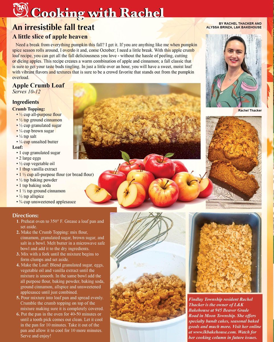 Congratulations to our chef columnist Rachel Thacker on the opening of her new bakery, L&amp;K Bakehouse, at 
45 Beaver Grade Road in Moon Township! Her column this month: apple crumb loaf. Yum! 
alleghenywestmagazine.com/Back_issues/20…