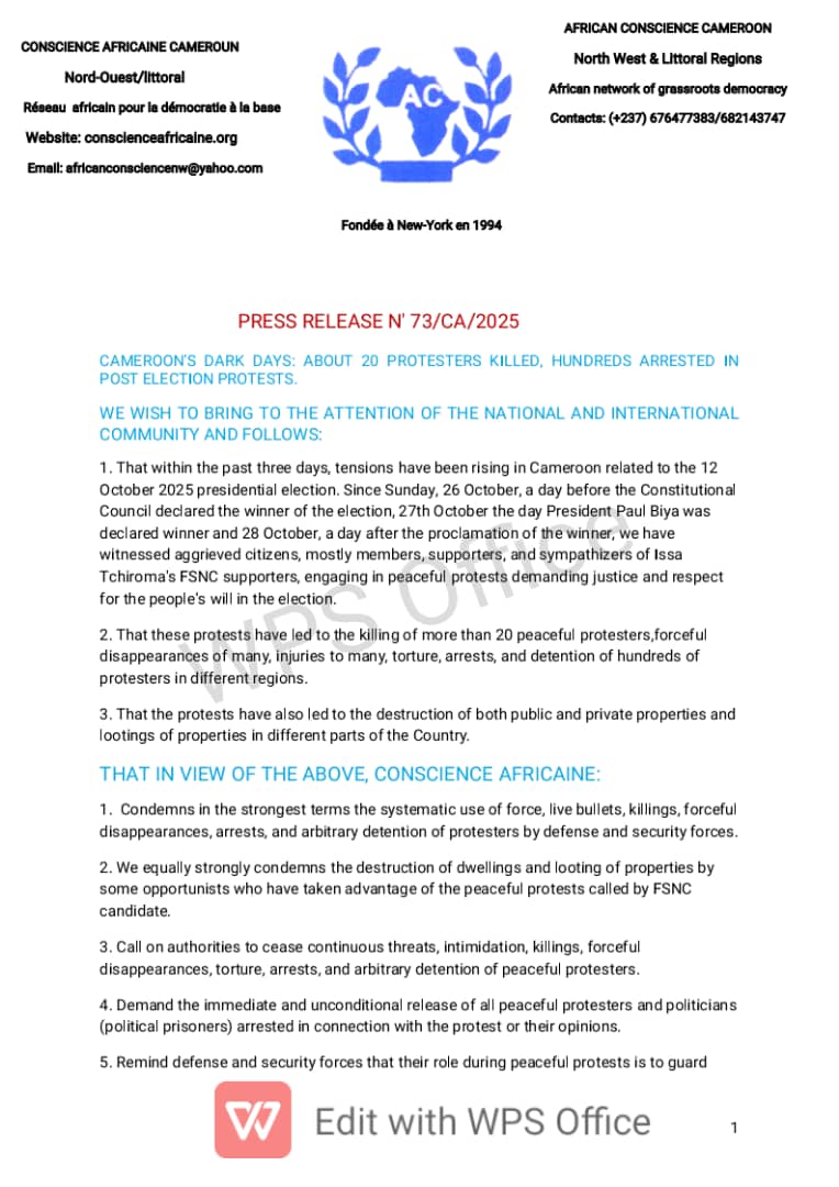 AmaduTarnteh's tweet image. CAMEROON DARK DAYS: CONSCIENCE AFRICAINE STRONGLY CONDEMNS THE KILLINGS &amp;amp; MASSIVE ARRESTS OF PROTESTERS IN POST ELECTION PROTESTS
@CRTV_web  
@MincomCameroun 
@CanadaCameroon 
@amnesty 
@volker_turk 
@tassingremi 
@TiborPNagyJr 
@UEauCameroun 
@USEmbYaounde 
@PR_Paul_BIYA