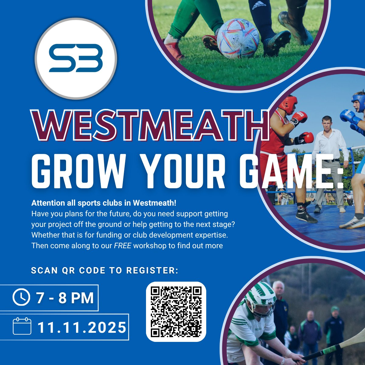 🟤 Westmeath – Grow Your Game ⚪️
📅 11 Nov 2025 | 📍Annebrook House Hotel, Mullingar
⏰ 18:30–20:30

Calling all sports clubs looking to grow or improve facilities. Join our free Funding Support Evening for funding advice to help your club grow⚽

🔗eventbrite.com/e/s3-solutions…