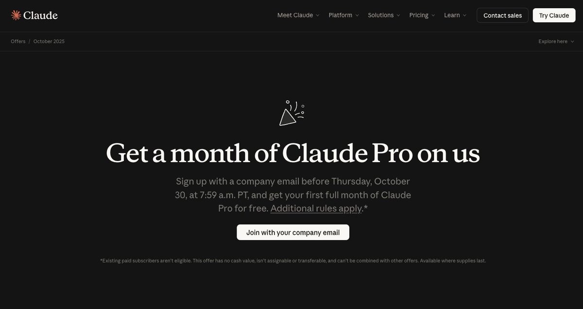 ⚠️⚠️⚠️⚠️⚠️⚠️⚠️⚠️⚠️⚠️
Custom domain e-postasıyla Claude Pro 1 ay ücretsiz. Teklif saat 17.59’da sona eriyor. 
claude.com/offers/oct-202…
⚠️⚠️⚠️⚠️⚠️⚠️⚠️⚠️⚠️⚠️