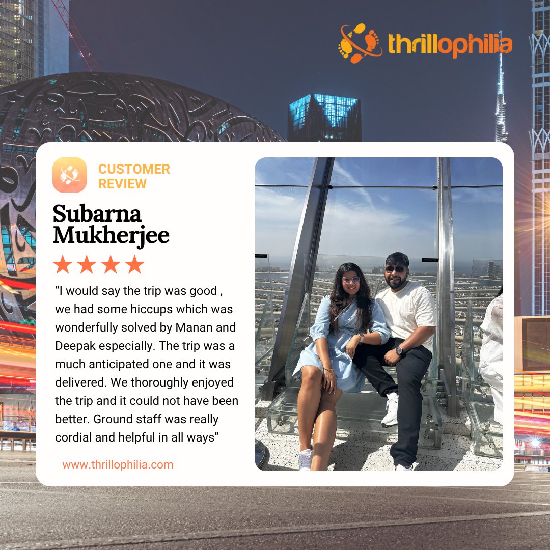 From sky-high views to seamless planning this traveler’s Dubai experience was nothing short of amazing!🌆✨

Check out these #ThrillophiliaReviews and see how every detail made the trip unforgettable.🏙️

#DubaiTrip #DubaiTravel #CustomerExperience #DubaiAdventures