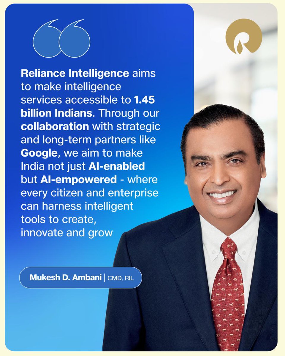 Media Release - Reliance and Google Partner to Accelerate India’s AI Revolution across Consumers and Enterprises

- Rolling out 18-months of Google AI Pro access to Jio users for free, worth ₹35,100 per user
- Reliance Intelligence becomes a strategic partner for Google Cloud in