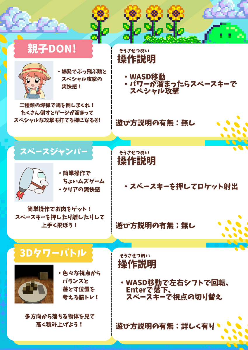 tugameproject's tweet photo. ◤ 常三島祭展示ゲーム紹介「Unityroom投稿作品」 #TUGCdirect ◢
\常三島祭まであと2⃣日/
常三島祭で展示予定のゲームを紹介します!
今回は『Unityroom投稿作品』!
———
ゲームジャム等で制作したゲームを試遊いただけます!画像内のゲームの他にも様々なゲームがあるのでお楽しみに!
小さなお子様でも楽しめる作品もありますので、ぜひお越しください!
場所は、共通講義棟 K205教室です!
#徳島大学