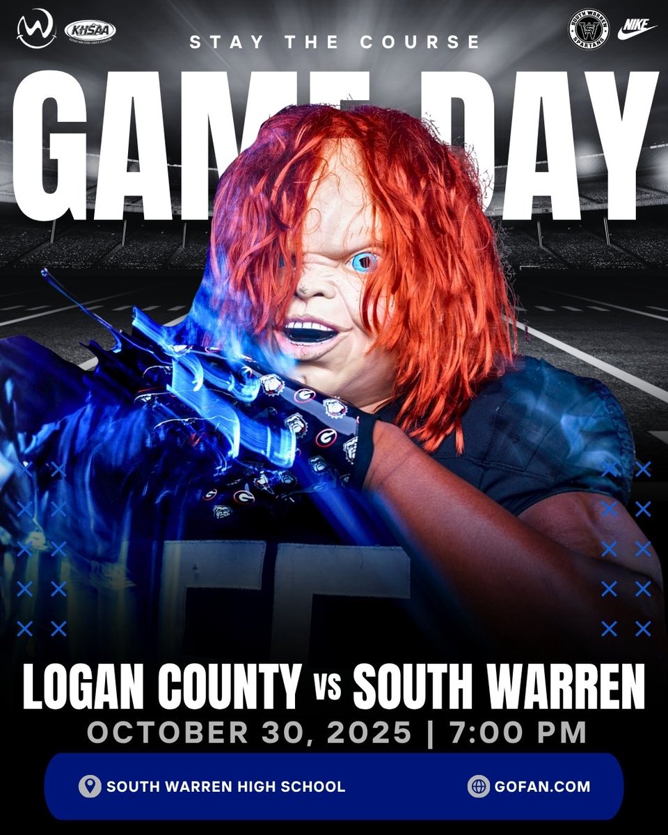 ⚔️ GAME DAY ⚔️

Logan County vs. South Warren

Thursday, October 30, 2025
7:00 p.m.

South Warren High School

Theme - Halloween Costumes

Tickets - bit.ly/LoganCoAtSouth

Livestream - <a href="/sportingtimes/">Sporting Times</a> &amp; <a href="/7MMsportsSOKY/">7MM Sports SOKY</a> 

Sponsor - <a href="/WiesemannOrtho/">WiesemannOrthodontic</a> 

⚔️ STAY THE COURSE ⚔️